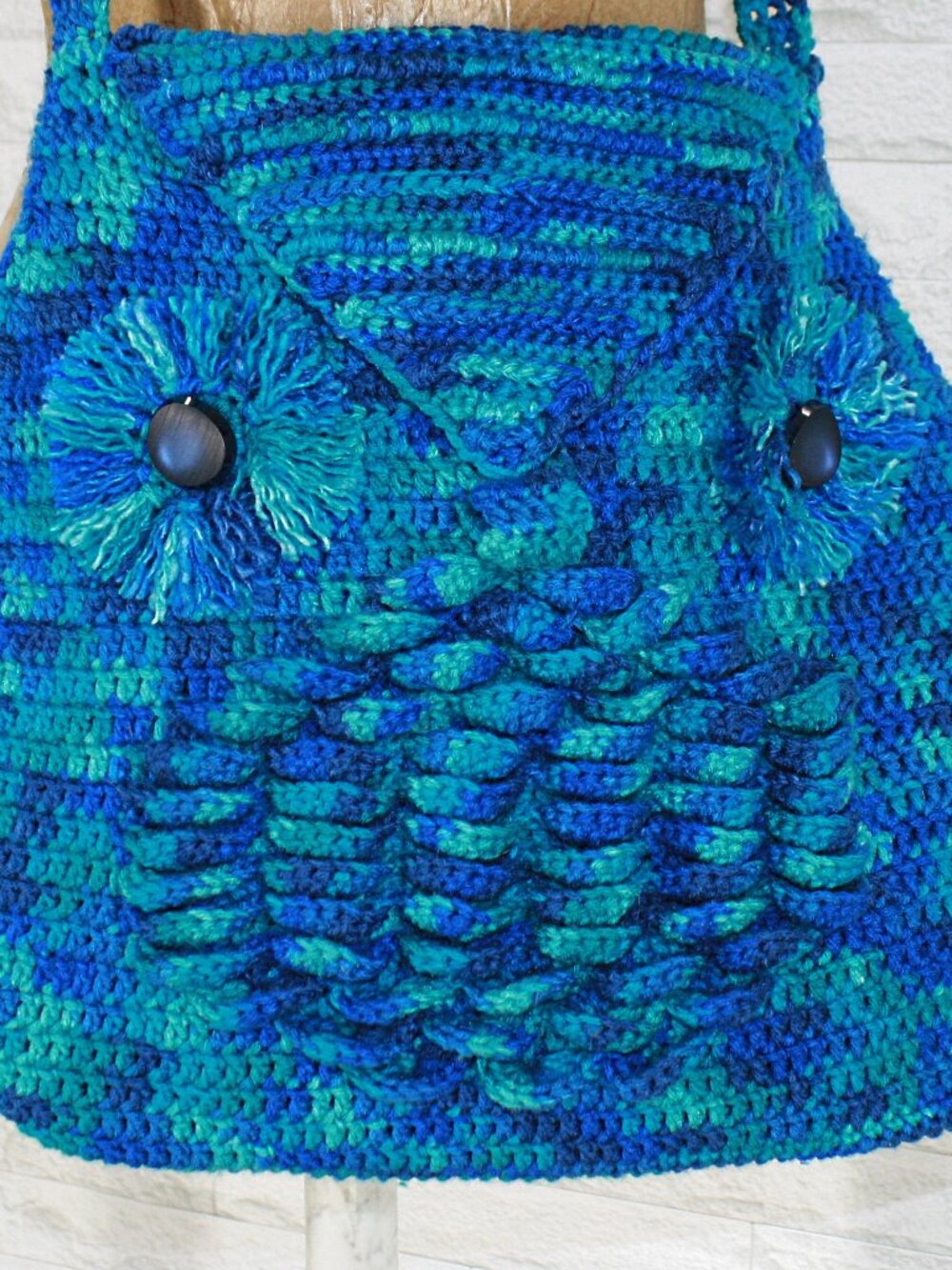 HAND CRAFTED Purse Crochet Owl Oversized Tote Hobo Bag Crossbody Blue Fringe - Picture 3 of 16